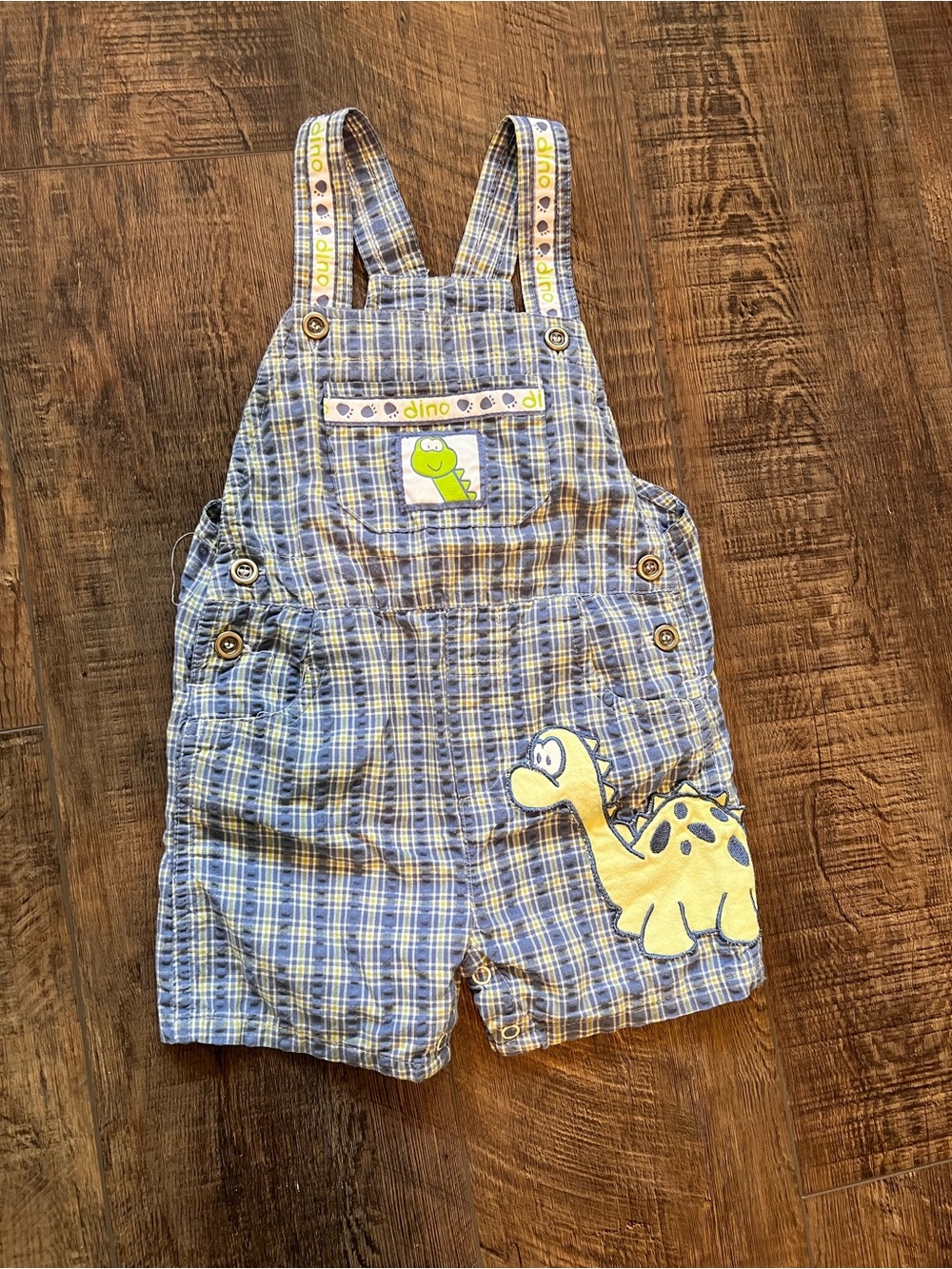 Vintage Toddler Blue Plaid Dino Short Overalls